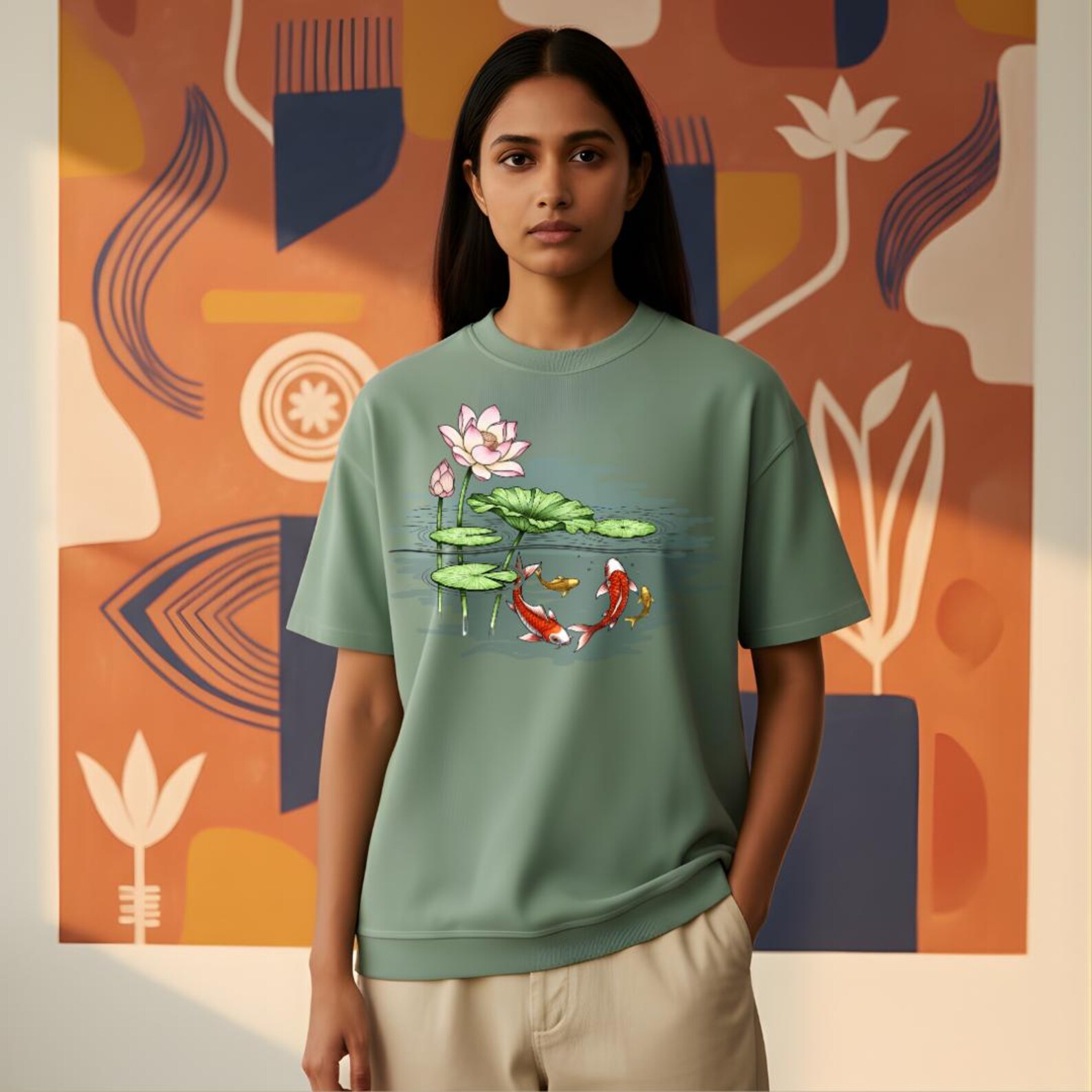 Koi Fish Lotus Pond Oversized T-Shirt - Japanese Zen Graphic Tee